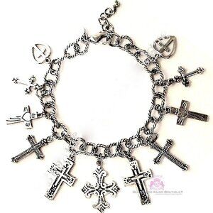 BFA Womens Girls Multi Ornate 11 Cross Charms Link Silver Heart Love Bracelet